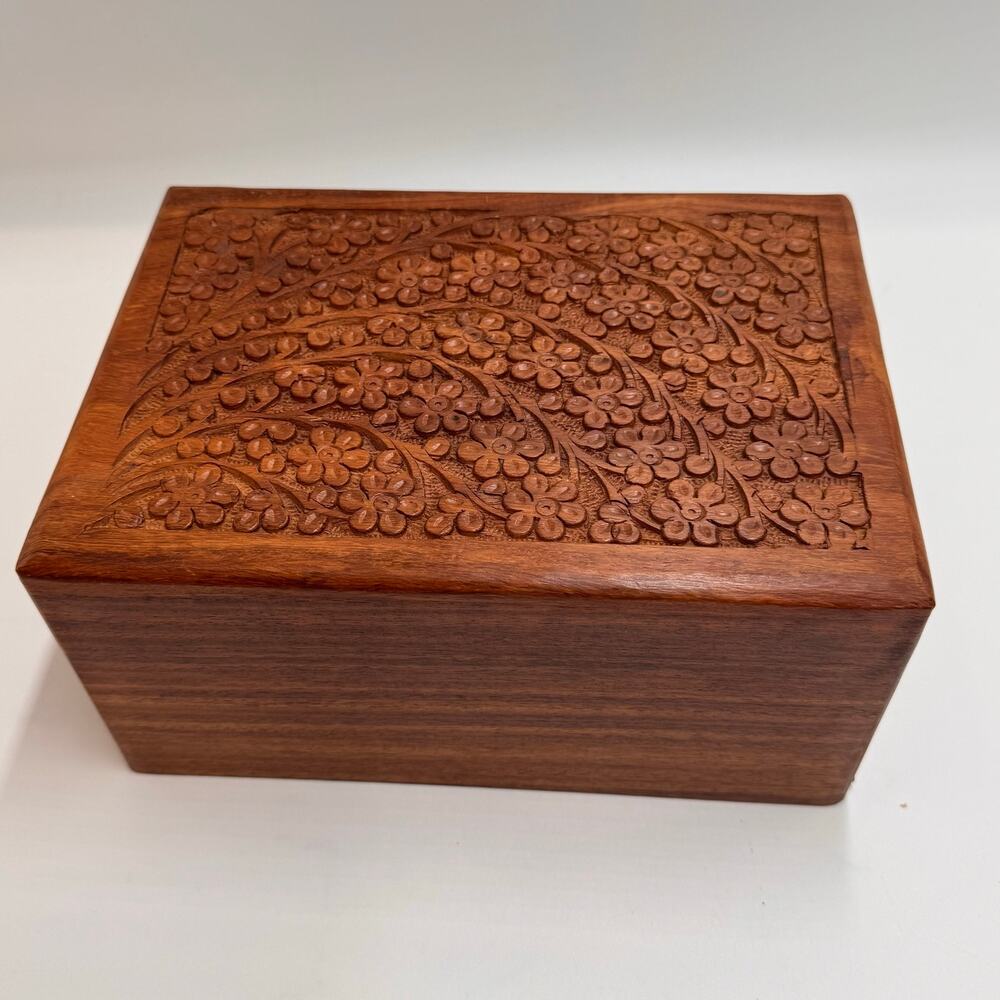Carved Wood Floral Keepsake Box Sliding Lid Jewelry Trinket Storage 7.25 Inch